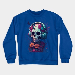 Zombie Wearing Trendy Headphones With Flowers Crewneck Sweatshirt